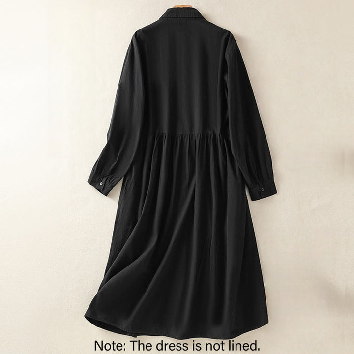 Buddha Stones Casual Plaid Pleats Buttons Design Long Sleeve Cotton Midi Dress With Pockets - image 17