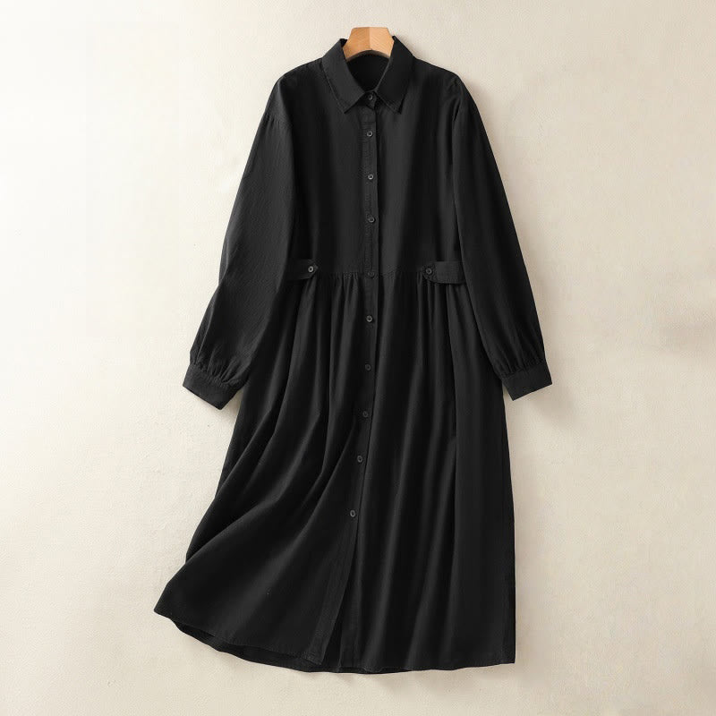 Buddha Stones Casual Plaid Pleats Buttons Design Long Sleeve Cotton Midi Dress With Pockets - Black - US8-10，UK/AU12-14，EU40-42 (2XL) - image 16