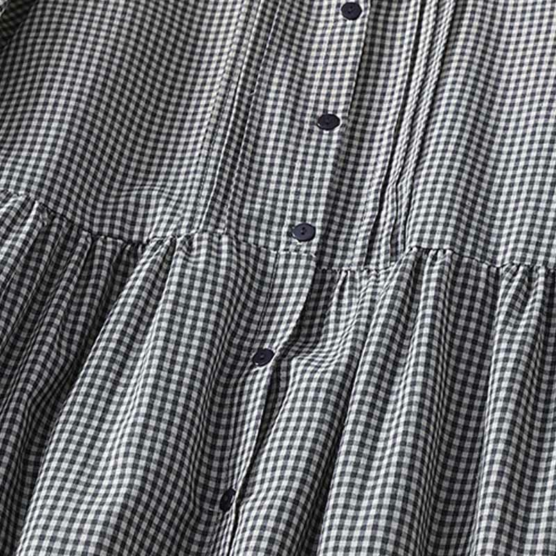 Buddha Stones Casual Plaid Pattern Long Lantern Sleeve Cotton Linen Midi Dress With Pockets - image 11