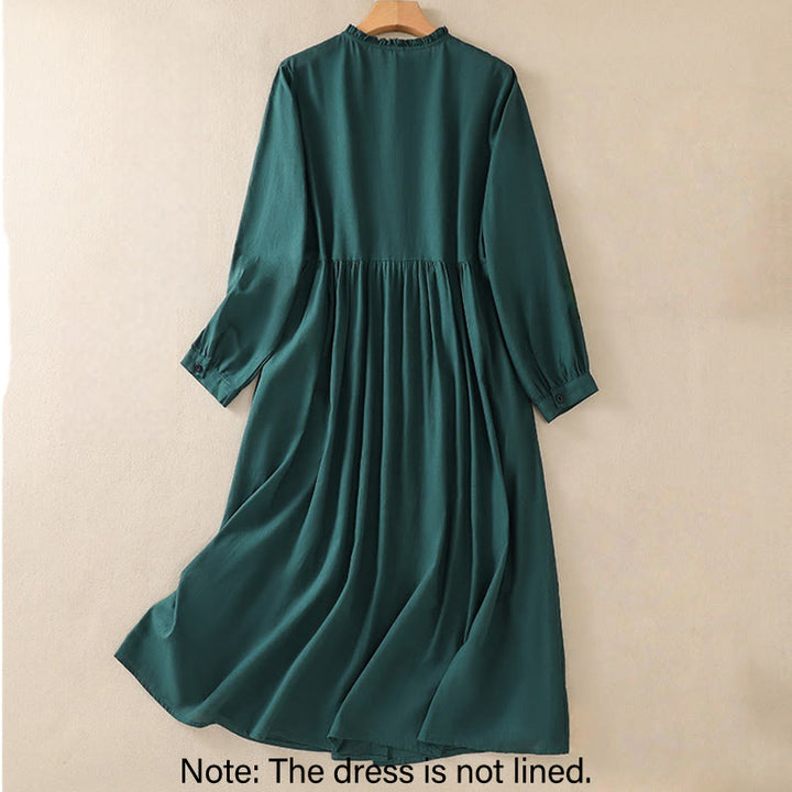 Buddha Stones DarkGreen Ruffled Crew Neck Buttons Long Sleeve Design Cotton Midi Dress With Pockets - image 1