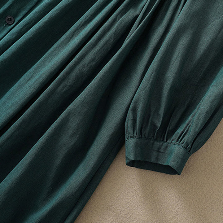 Buddha Stones DarkGreen Ruffled Crew Neck Buttons Long Sleeve Design Cotton Midi Dress With Pockets - image 8
