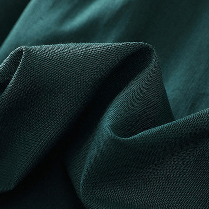 Buddha Stones DarkGreen Ruffled Crew Neck Buttons Long Sleeve Design Cotton Midi Dress With Pockets - image 7