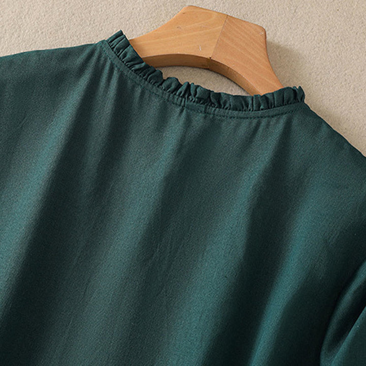 Buddha Stones DarkGreen Ruffled Crew Neck Buttons Long Sleeve Design Cotton Midi Dress With Pockets - image 4