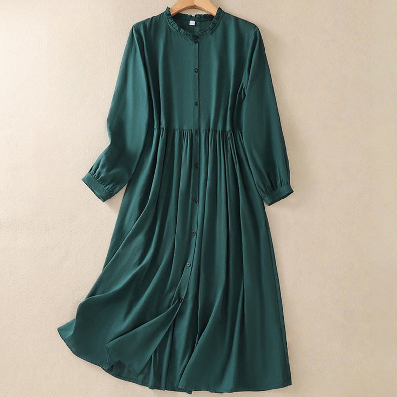 Buddha Stones DarkGreen Ruffled Crew Neck Buttons Long Sleeve Design Cotton Midi Dress With Pockets - DarkGreen - US8-10，UK/AU12-14，EU40-42 (2XL) - image 0
