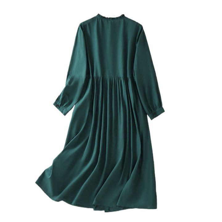 Buddha Stones DarkGreen Ruffled Crew Neck Buttons Long Sleeve Design Cotton Midi Dress With Pockets - image 13
