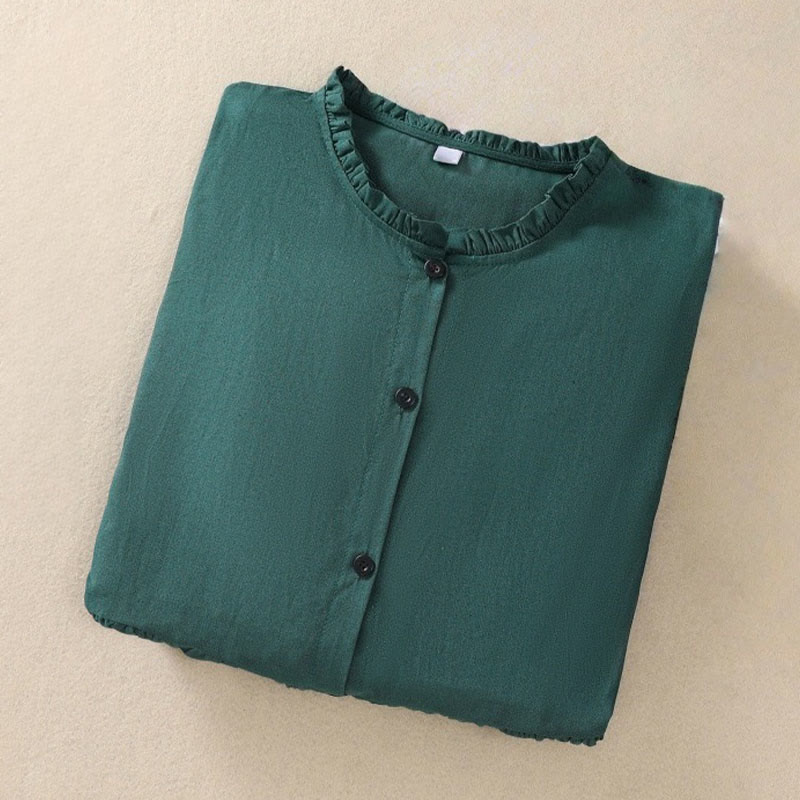 Buddha Stones DarkGreen Ruffled Crew Neck Buttons Long Sleeve Design Cotton Midi Dress With Pockets - image 11