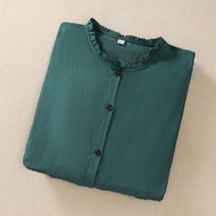 Buddha Stones DarkGreen Ruffled Crew Neck Buttons Long Sleeve Design Cotton Midi Dress With Pockets - image 11
