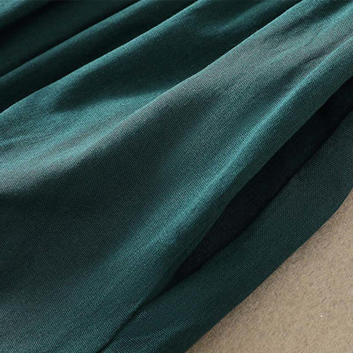 Buddha Stones DarkGreen Ruffled Crew Neck Buttons Long Sleeve Design Cotton Midi Dress With Pockets - image 10