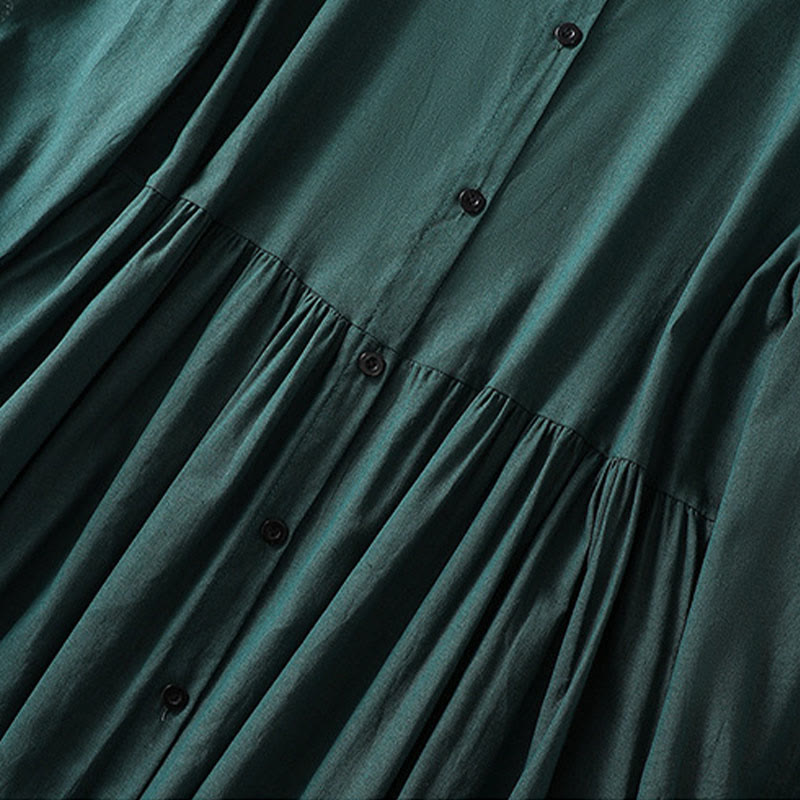 Buddha Stones DarkGreen Ruffled Crew Neck Buttons Long Sleeve Design Cotton Midi Dress With Pockets - image 5