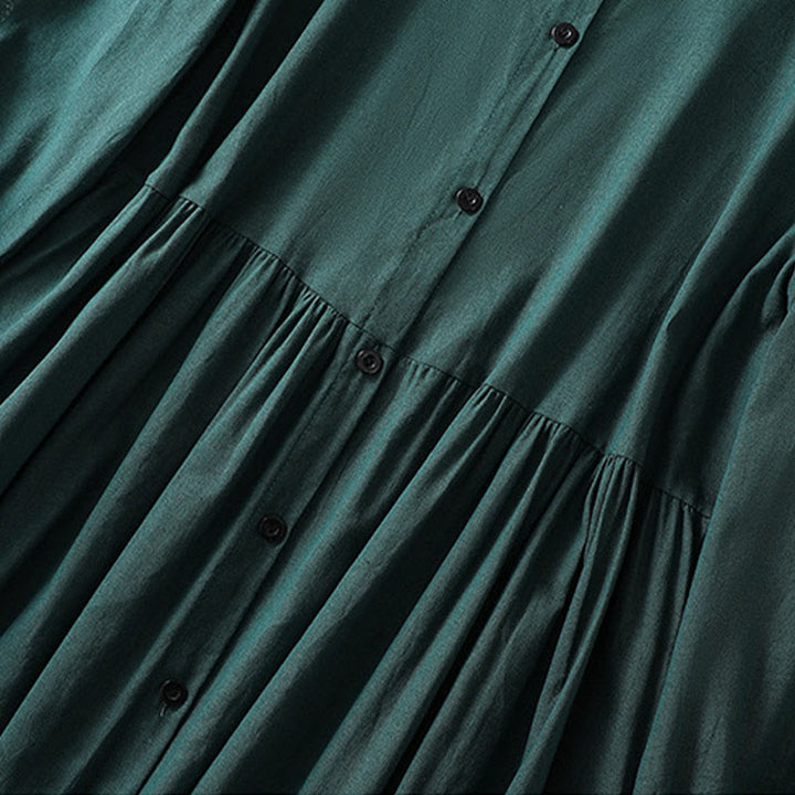 Buddha Stones DarkGreen Ruffled Crew Neck Buttons Long Sleeve Design Cotton Midi Dress With Pockets - image 5