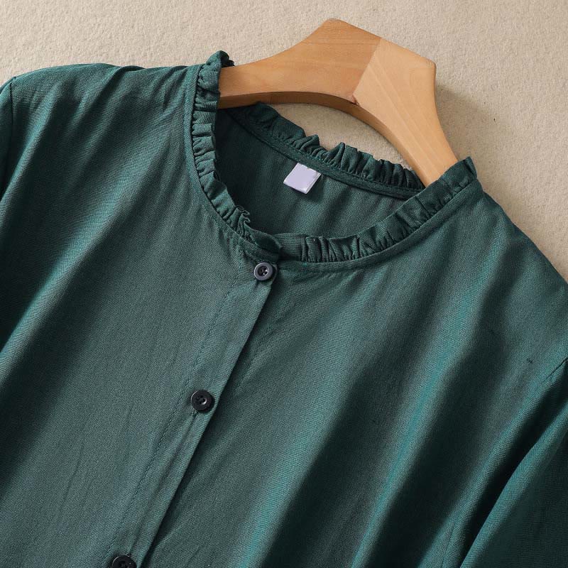 Buddha Stones DarkGreen Ruffled Crew Neck Buttons Long Sleeve Design Cotton Midi Dress With Pockets - image 2