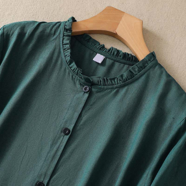 Buddha Stones DarkGreen Ruffled Crew Neck Buttons Long Sleeve Design Cotton Midi Dress With Pockets - image 2