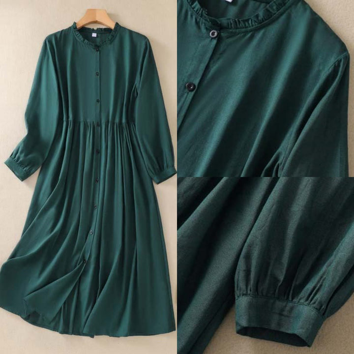 Buddha Stones DarkGreen Ruffled Crew Neck Buttons Long Sleeve Design Cotton Midi Dress With Pockets - image 12