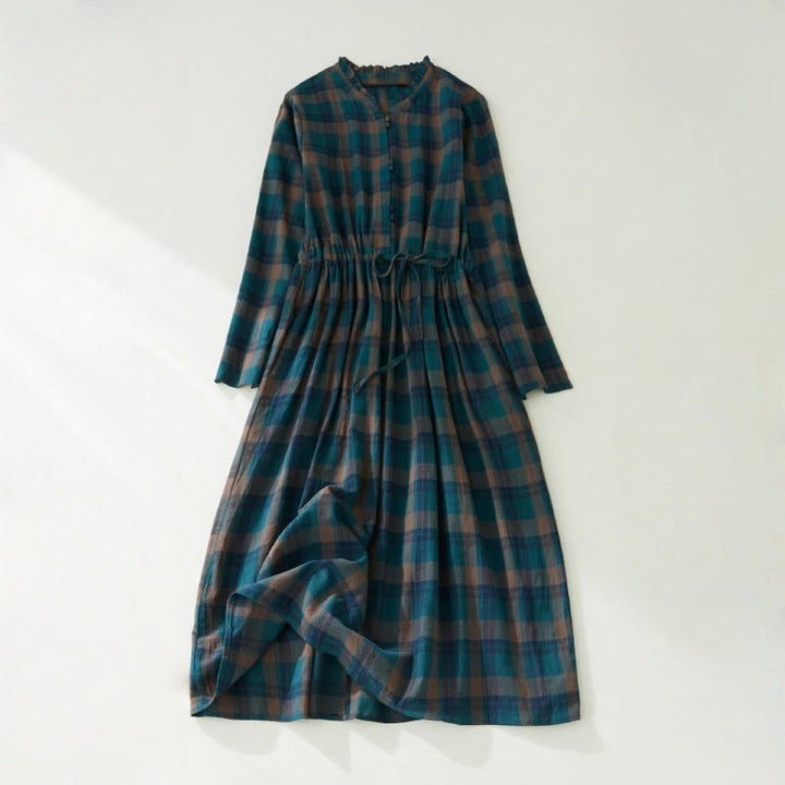 Buddha Stones Plaid Ruffled V-Neck Long Sleeve Drawstring Cotton Linen Midi Dress With Pockets - DarkCyan - US8-10，UK/AU12-14，EU40-42 (2XL) - image 2