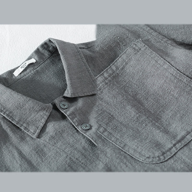 Buddha Stones Commute Men's Plain Buttons Design Cotton Linen Long Sleeve Shirt With Pockets - image 11
