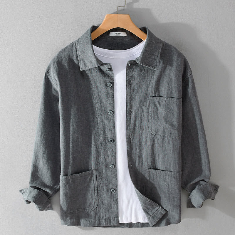 Buddha Stones Commute Men's Plain Buttons Design Cotton Linen Long Sleeve Shirt With Pockets - SlateGray - US/UK/AU42，EU52 (3XL) - image 9
