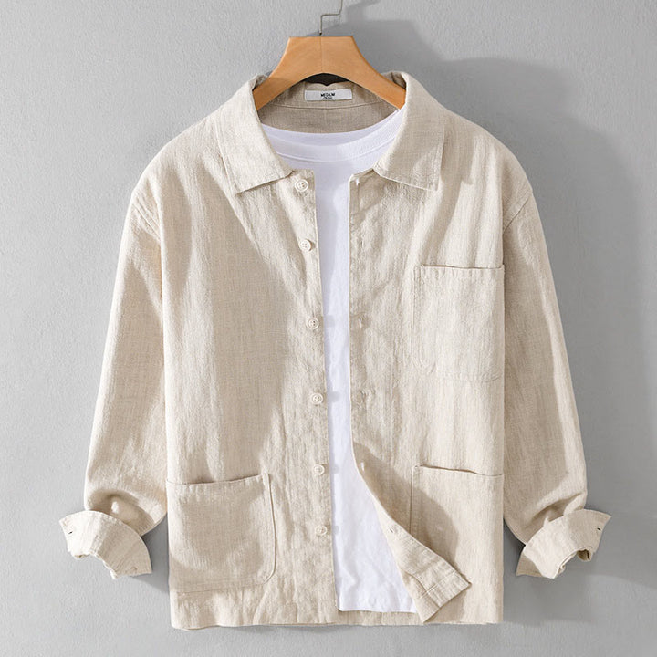 Buddha Stones Commute Men's Plain Buttons Design Cotton Linen Long Sleeve Shirt With Pockets - Beige - US/UK/AU42，EU52 (3XL) - image 4