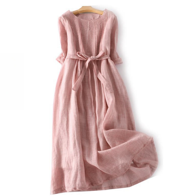 Buddha Stones Casual Lace-up Plain Crew Neck Half Sleeve Cotton Midi Dress With Pockets - LightPink - US12，UK/AU16，EU44 (3XL) - image 0