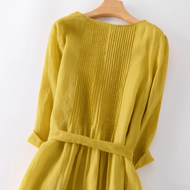 Buddha Stones Casual Lace-up Plain Crew Neck Half Sleeve Cotton Midi Dress With Pockets - image 7