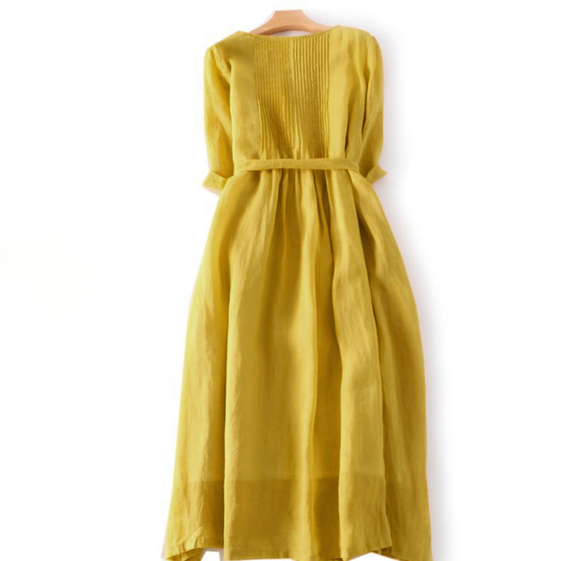 Buddha Stones Casual Lace-up Plain Crew Neck Half Sleeve Cotton Midi Dress With Pockets - image 6