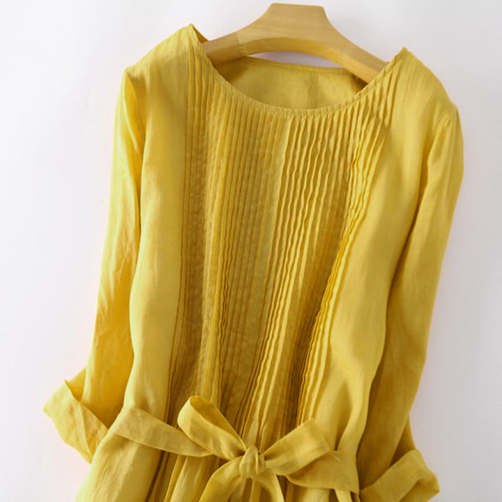 Buddha Stones Casual Lace-up Plain Crew Neck Half Sleeve Cotton Midi Dress With Pockets - image 10