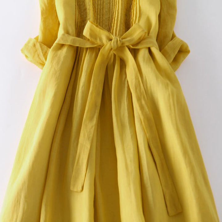 Buddha Stones Casual Lace-up Plain Crew Neck Half Sleeve Cotton Midi Dress With Pockets - image 12