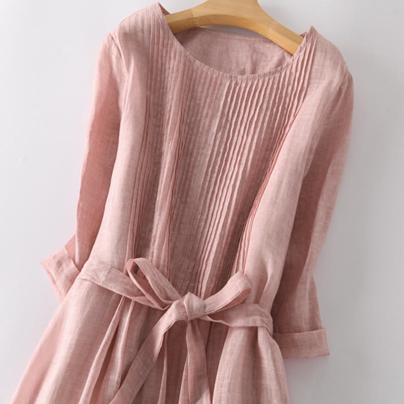 Buddha Stones Casual Lace-up Plain Crew Neck Half Sleeve Cotton Midi Dress With Pockets - image 1