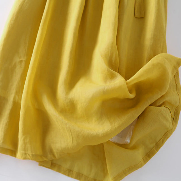 Buddha Stones Casual Lace-up Plain Crew Neck Half Sleeve Cotton Midi Dress With Pockets - image 13