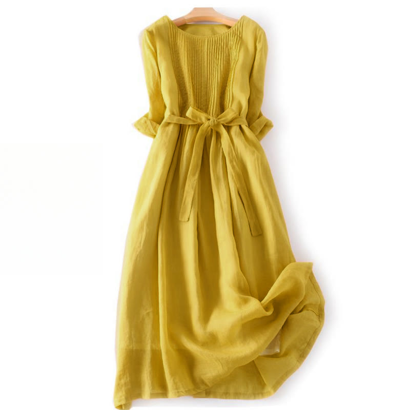 Buddha Stones Casual Lace-up Plain Crew Neck Half Sleeve Cotton Midi Dress With Pockets - Gold - US12，UK/AU16，EU44 (3XL) - image 5