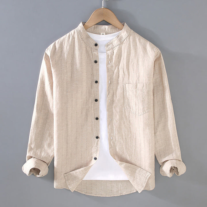 Buddha Stones Daily Tang Suit Men's Striped Pattern Cotton Linen Long Sleeve Shirt - Beige - US/UK/AU42，EU52 (3XL) - image 2