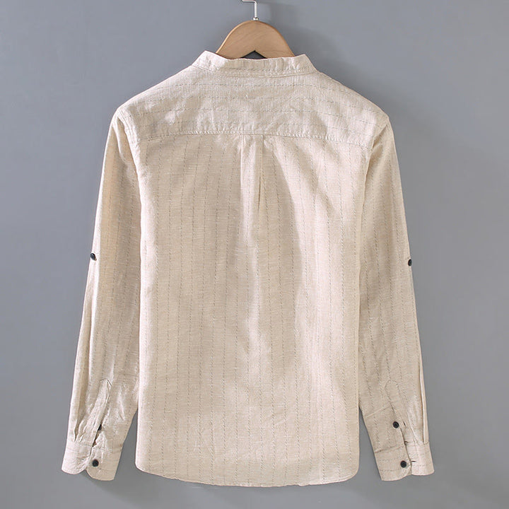 Buddha Stones Daily Tang Suit Men's Striped Pattern Cotton Linen Long Sleeve Shirt - image 3