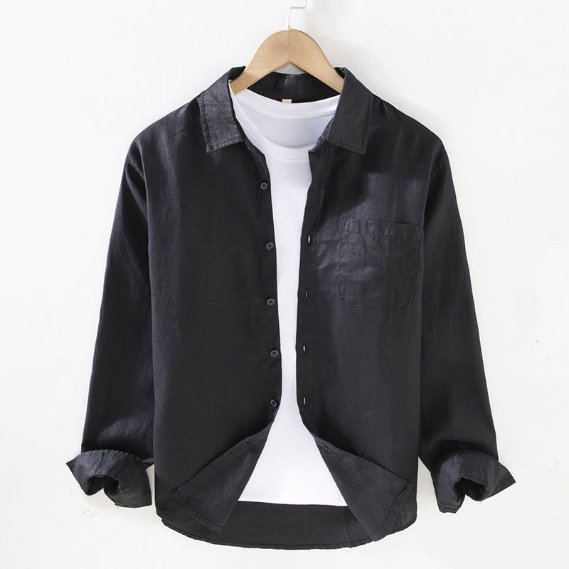 Buddha Stones Spring Men's Casual Pure Color Linen Long Sleeve Shirt With Pocket - Black - US/UK/AU42，EU52 (3XL) - image 8