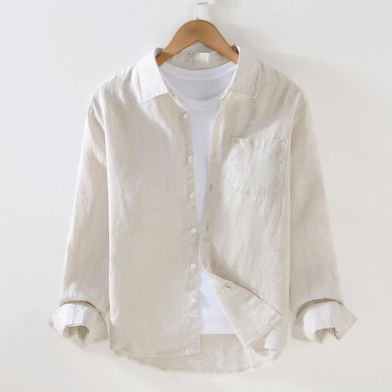 Buddha Stones Spring Men's Casual Pure Color Linen Long Sleeve Shirt With Pocket - Beige - US/UK/AU42，EU52 (3XL) - image 0