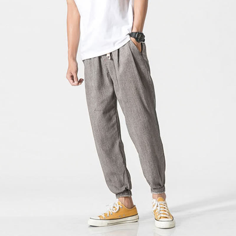 Buddha Stones Simple Drawstring Design Linen Men's Pants With Pockets - image 5