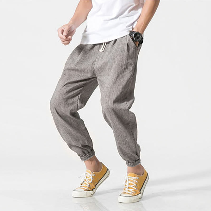 Buddha Stones Simple Drawstring Design Linen Men's Pants With Pockets - image 2