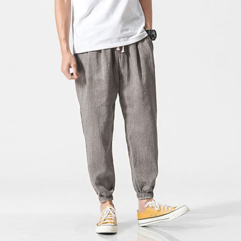 Buddha Stones Simple Drawstring Design Linen Men's Pants With Pockets - image 8
