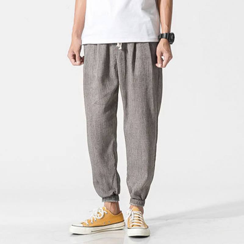 Buddha Stones Simple Drawstring Design Linen Men's Pants With Pockets - image 3