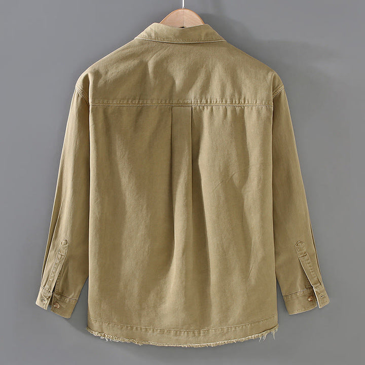 Buddha Stones Men's Pure Color Tassels Hem Design Cotton Long Sleeve Shirt With Pocket - image 2