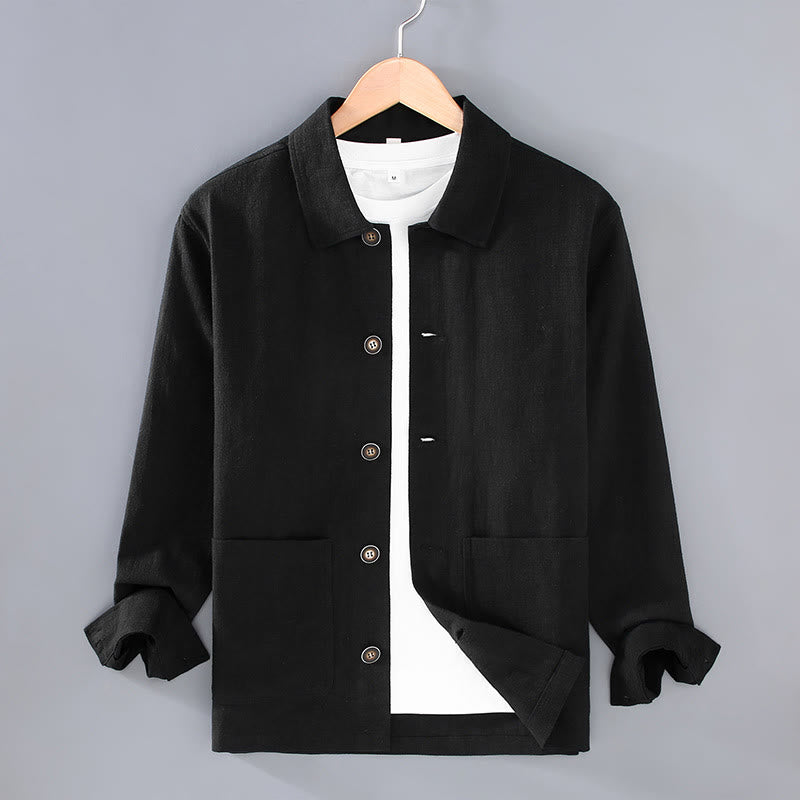 Buddha Stones Commute Plain Long Sleeve Button Lapel  Design Men's Ramie Linen Jacket With Pockets - Black - US/UK/AU42，EU52 (3XL) - image 11