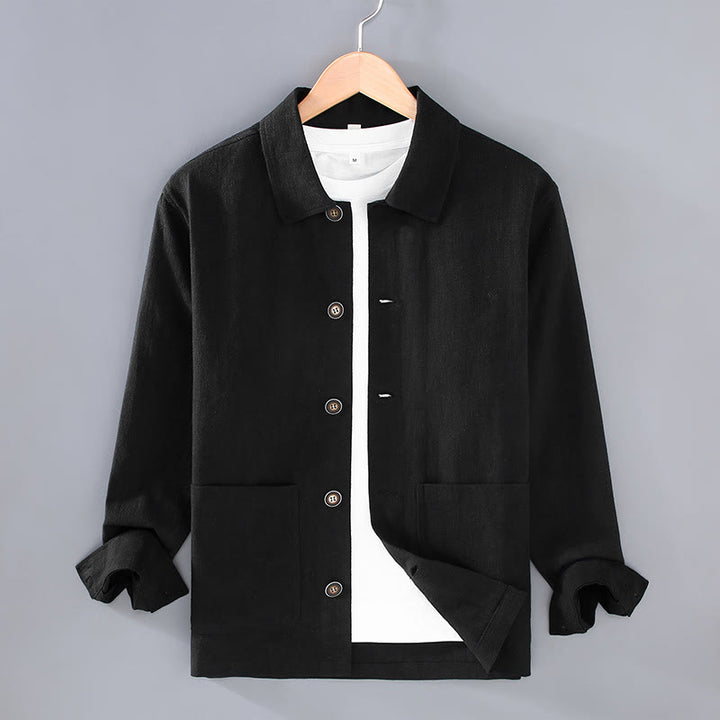 Buddha Stones Commute Plain Long Sleeve Button Lapel  Design Men's Ramie Linen Jacket With Pockets - Black - US/UK/AU42，EU52 (3XL) - image 11