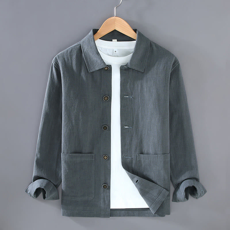 Buddha Stones Commute Plain Long Sleeve Button Lapel  Design Men's Ramie Linen Jacket With Pockets - SlateGray - US/UK/AU42，EU52 (3XL) - image 3