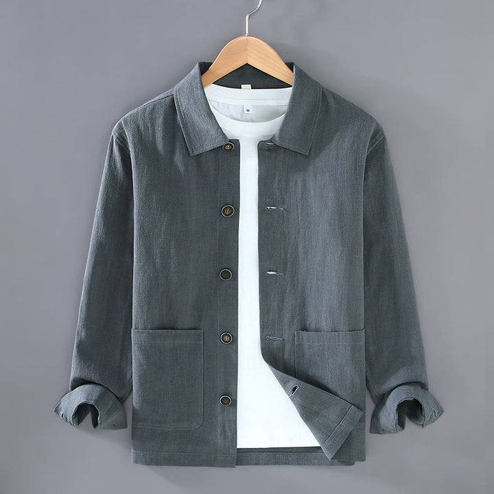Buddha Stones Commute Plain Long Sleeve Button Lapel  Design Men's Ramie Linen Jacket With Pockets - SlateGray - US/UK/AU42，EU52 (3XL) - image 3