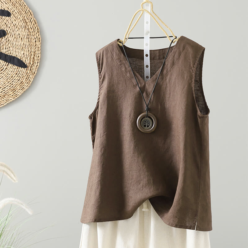 Buddha Stones Vintage Summer Solid Color V-Neck Women's Vest Waistcoat - SaddleBrown - US8-10，UK/AU12-14，EU40-42 (2XL) - image 0