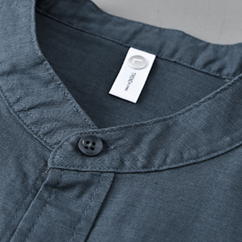 Buddha Stones Men's Long Sleeve Stand Collar With Pocket Pure Color Casual Cotton Linen Shirt - image 26