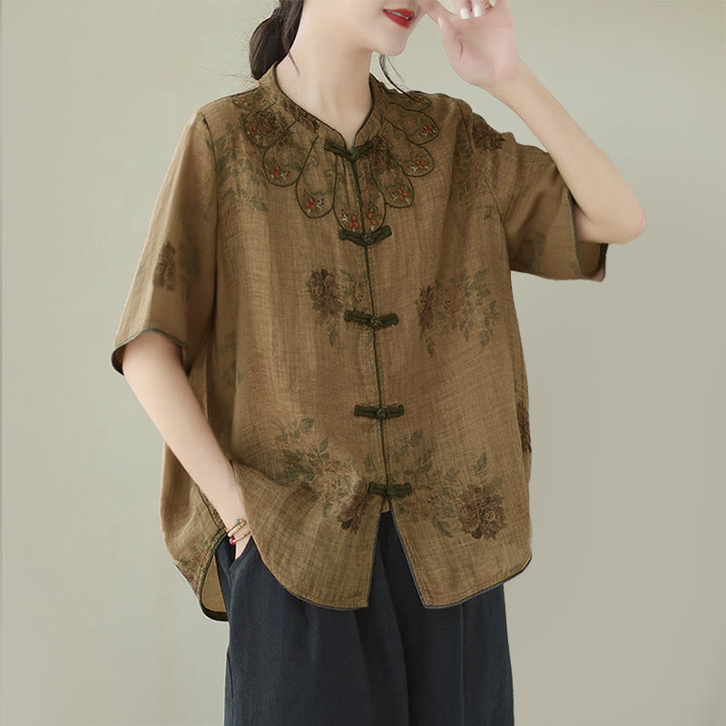 Buddha Stones Purple Flower Print Frog-Button Design Shirt - image 2
