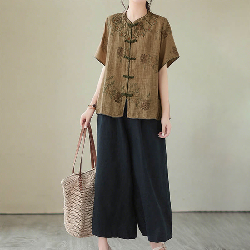 Buddha Stones Purple Flower Print Frog-Button Design Shirt - image 11