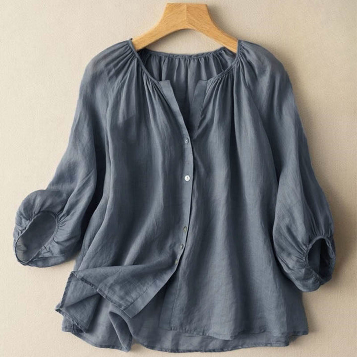 Buddha Stones Vintage Button Three Quarter Puff Sleeve V-Neck Cotton Women's Shirt - SteelBlue - US14，UK/AU18，EU46 (4XL) - image 0