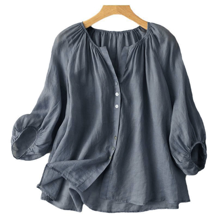 Buddha Stones Vintage Button Three Quarter Puff Sleeve V-Neck Cotton Women's Shirt - image 2