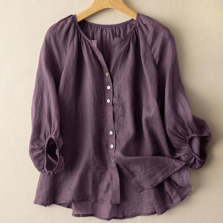 Buddha Stones Vintage Button Three Quarter Puff Sleeve V-Neck Cotton Women's Shirt - DarkMagenta - US14，UK/AU18，EU46 (4XL) - image 7