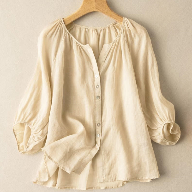 Buddha Stones Vintage Button Three Quarter Puff Sleeve V-Neck Cotton Women's Shirt - image 13